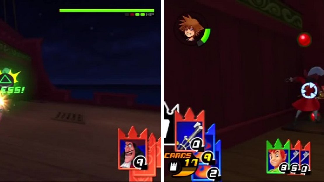 Captain Hook doesn’t present much of a problem when Sora uses Sonic Blade (left). Peter Pan is summoned and repeatedly stabs Hook in the back (right).