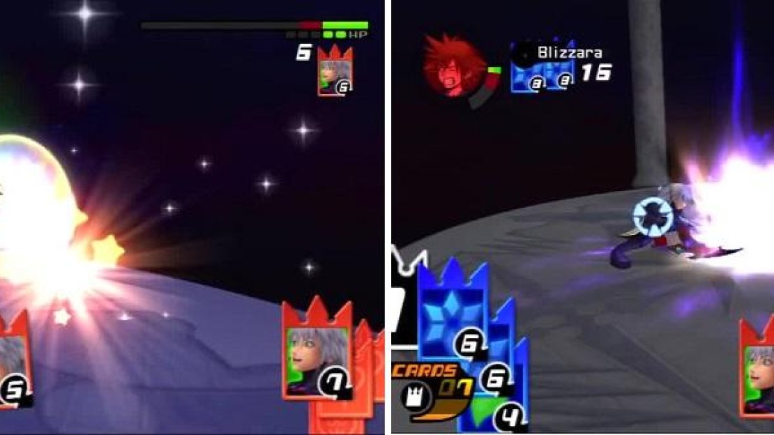 Sora pummels Riku with Sonic Blade over and over (left). Riku is finally able to get a hit on Sora (right).