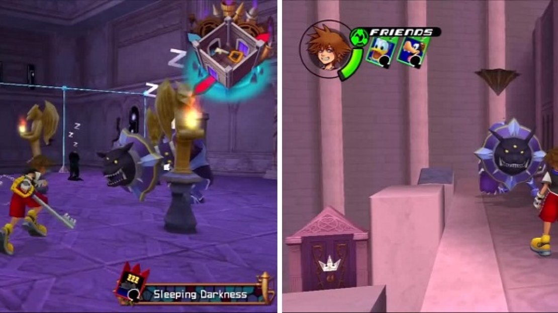 Walk quietly, the Heartless are trying to sleep (left). The Guardian is blocking a direct path to a rising platform (right).