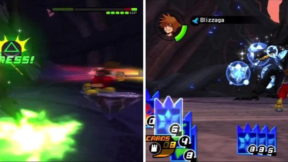 The Gimmick card gives Sora a platform to zoom around on for easy hits on the Dragon (left). Maleficent isn’t able to use any cards as Sora keeps breaking her attacks (right).