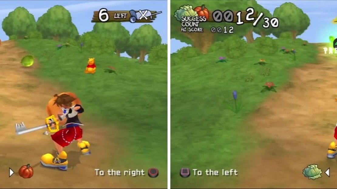 Sora helps Rabbit sort cabbages and pumpkins (left) as Pooh decides to walk in your path (right).
