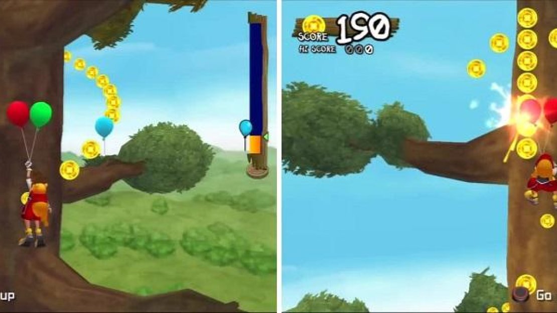 The ballons help you float to the top of the tree (left), but can be popped if you hit bees (right).