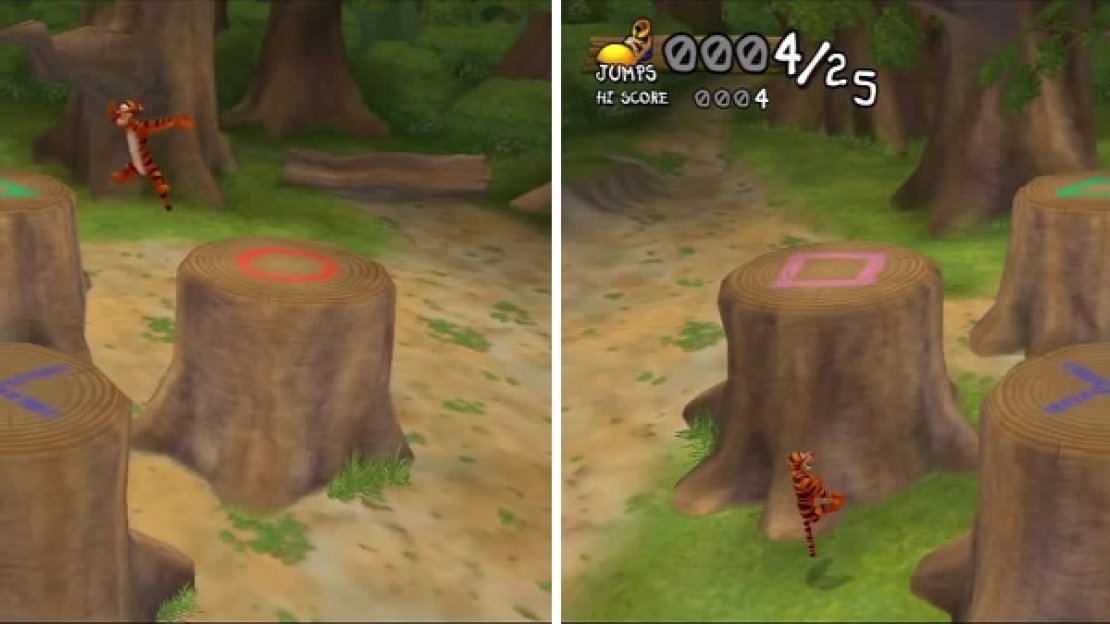Tigger jumps from stump to stump (left) and Sora needs to follow along (right).