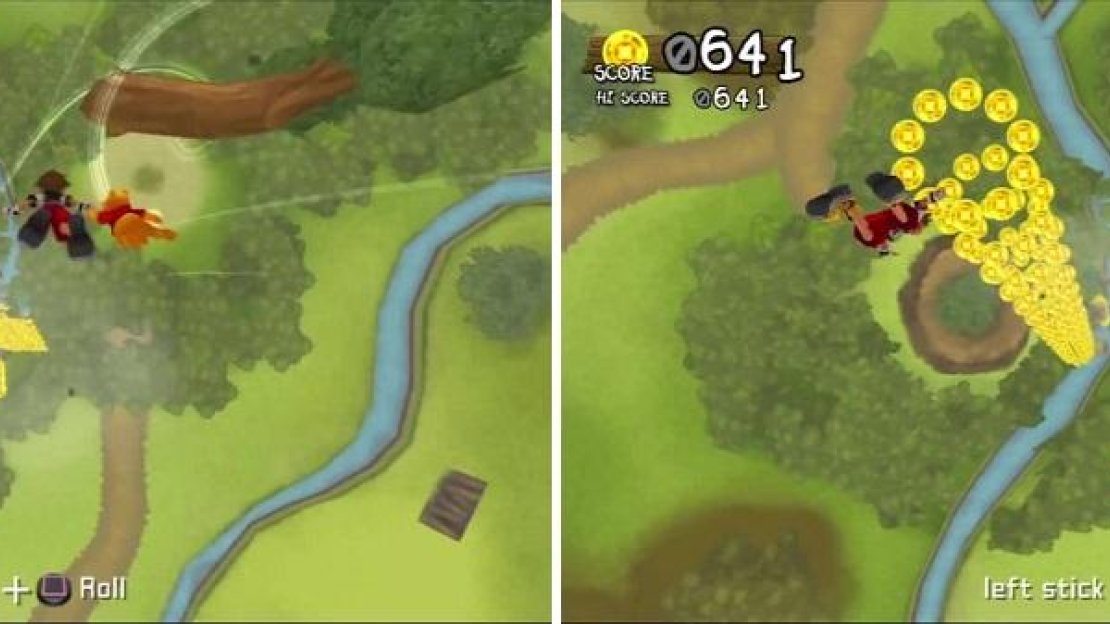 Sora and Pooh freefall and collect prizes (left). Pooh gets seperated from Sora after they hit an obstacle (right).