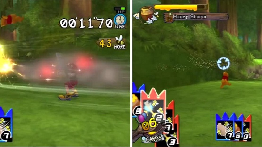 Sora uses a Wind Card to blow the bees away (left). Honey Storm unleashes a number of honey pots at the bees (right).