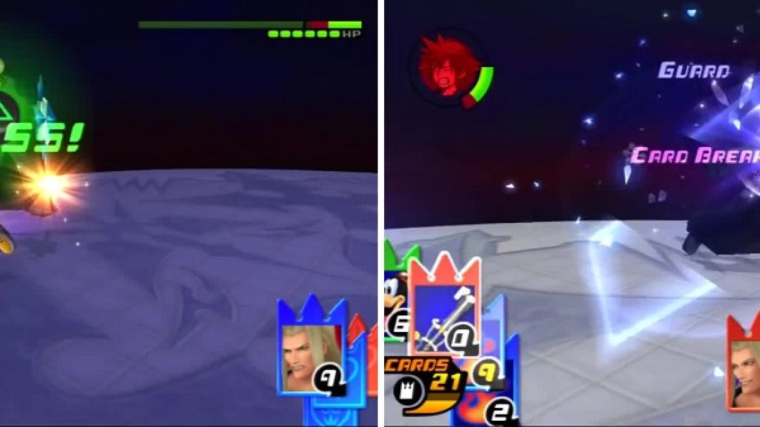 Vexen is easy prey to Sonic Blade (left), but can strike back with his shield (right).