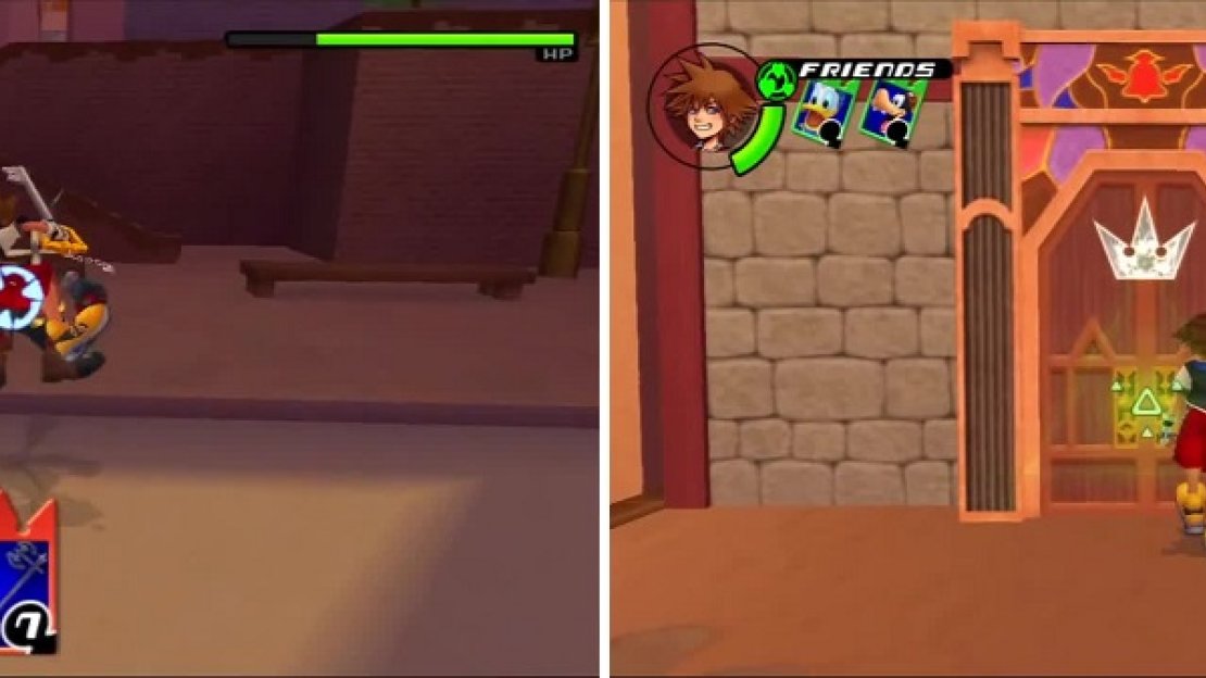 Sora fights off an Air Soldier (left) to level up a bit before going to the Room of Beginnings (right).