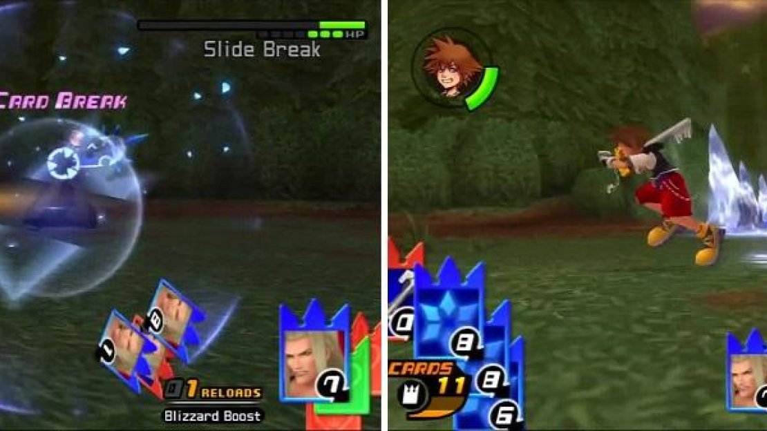 Sora is able to cardbreak Vexen’s Slide Break sleight (left), but has to run around to dodge the Ice Needles (right).