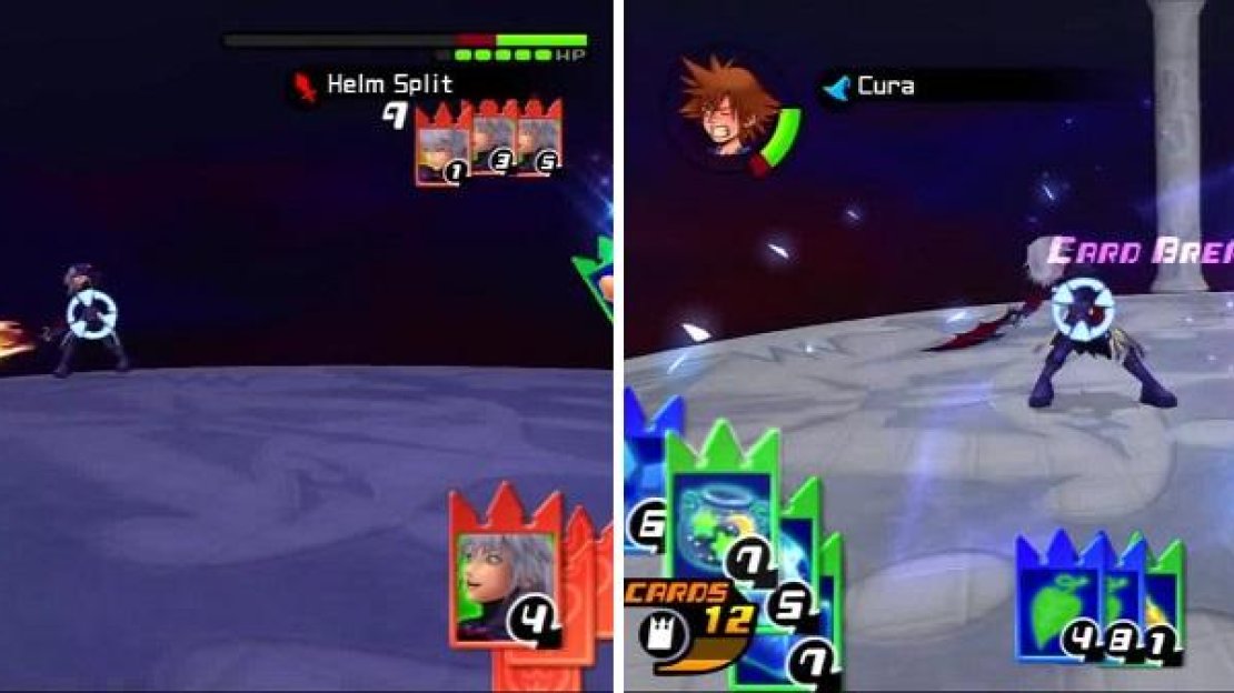 Riku gets hit with Sonic Blade over and over (left) but gets a lucky hit on Sora (right).