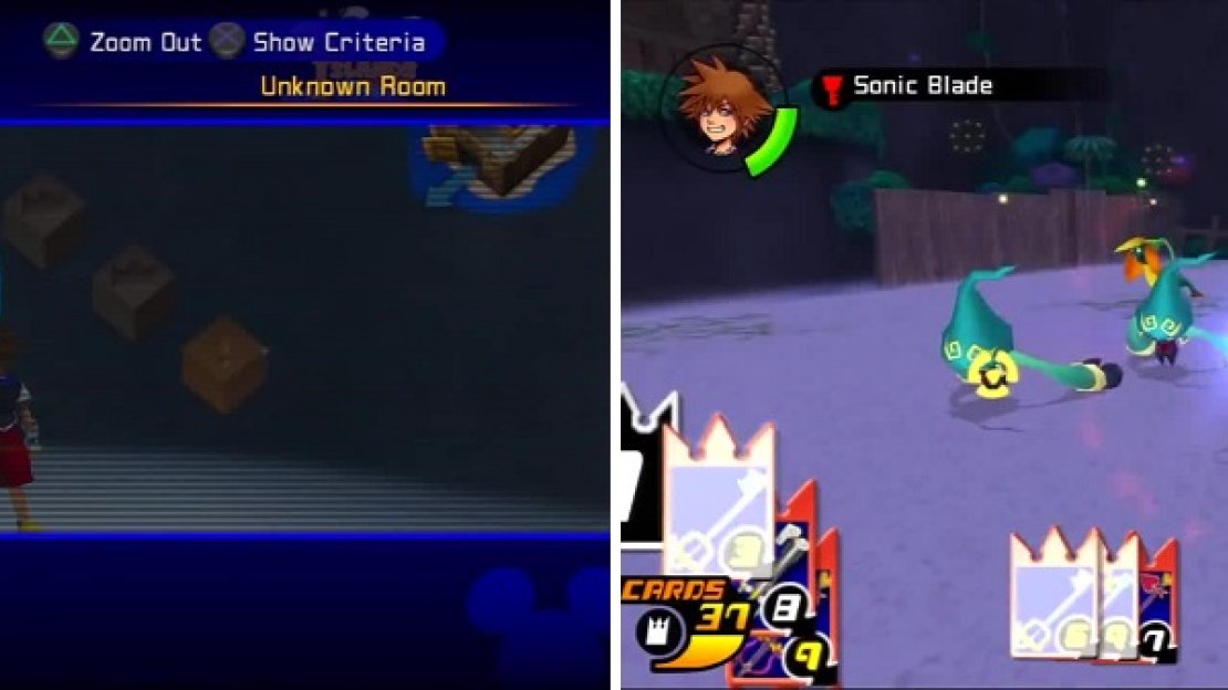 A look at the floor layout for the twelfth floor (left). Sora fights some strange Heartless in the name of leveling up (right).