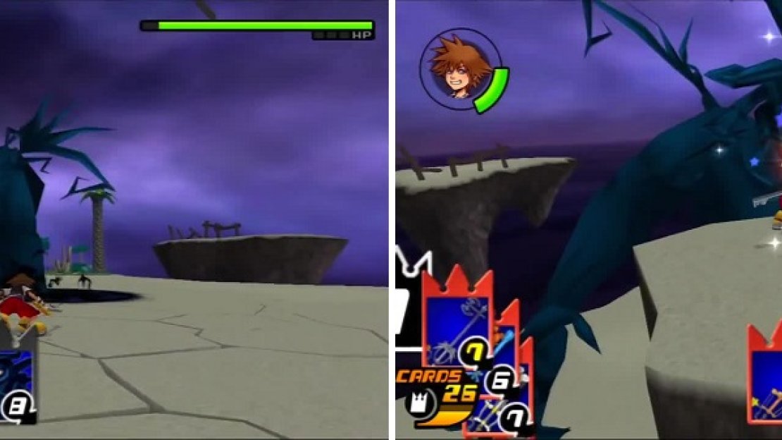 Darkside uses his familiar Shadow Summon attack (left). The Gimmick Card gives Sora a clear shot to attack Darkside’s head (right).