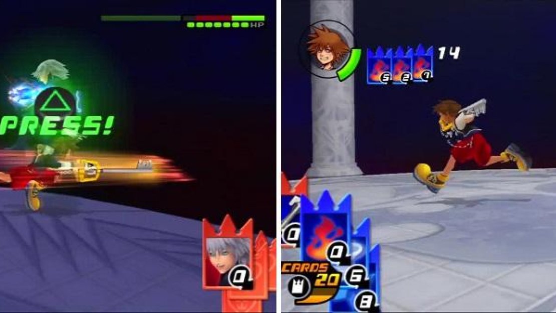Riku has no answer for Sonic Blade (left). Sora waits to cardbreak Riku’s Helm Split (right).