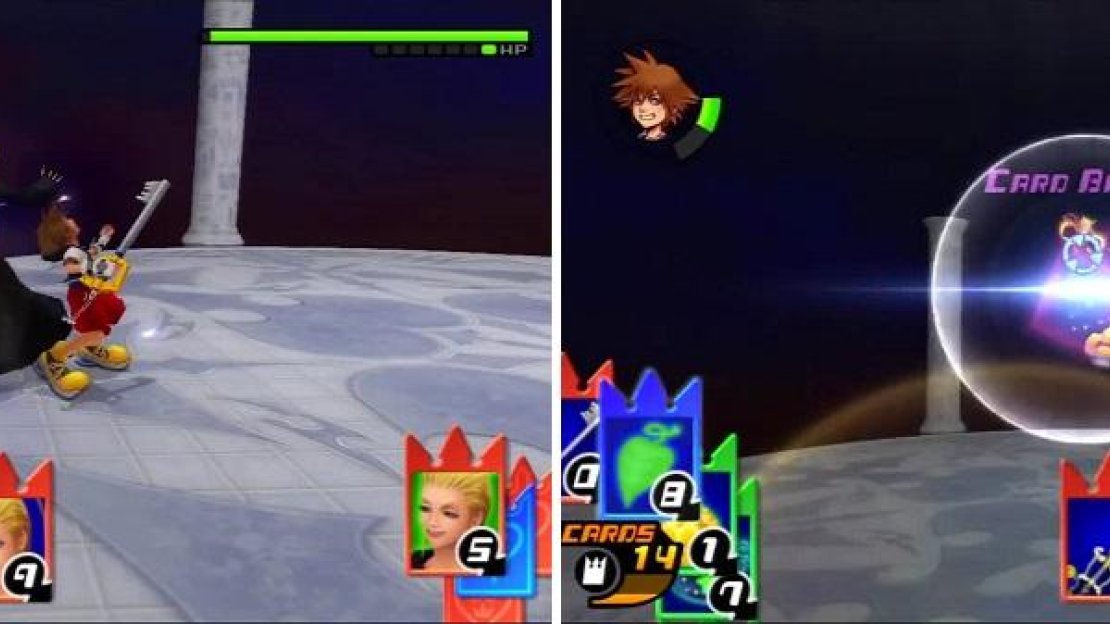 Larxene is able to land some hits on Sora after taking a beating from Sonic Blade (left). Sora gets lucky with a cardbreak against Mega Volt.