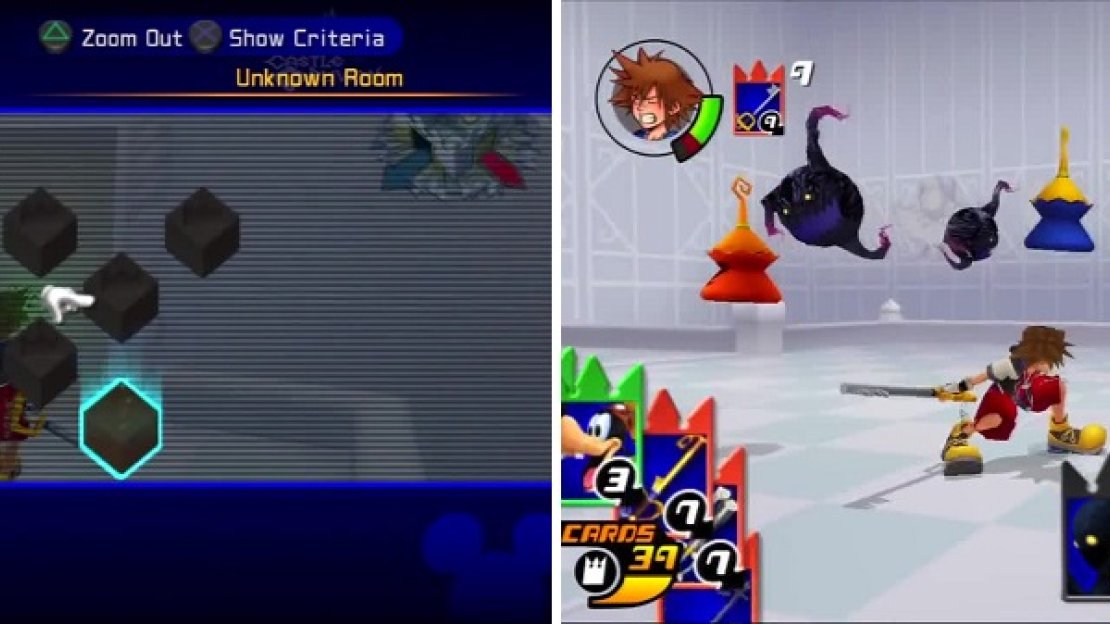 The floor layout shows plenty of rooms to level up and collect cards (left). Sora fights off Red Nocturnes, Blue Rhapsodies, Darkballs, and Neoshadows (right).