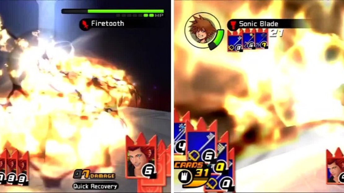 Axel unleashes his Firetooth attack that brings firey pain to Sora (left). Sora desperately dodge rolls away from Axel’s Firewall (right).