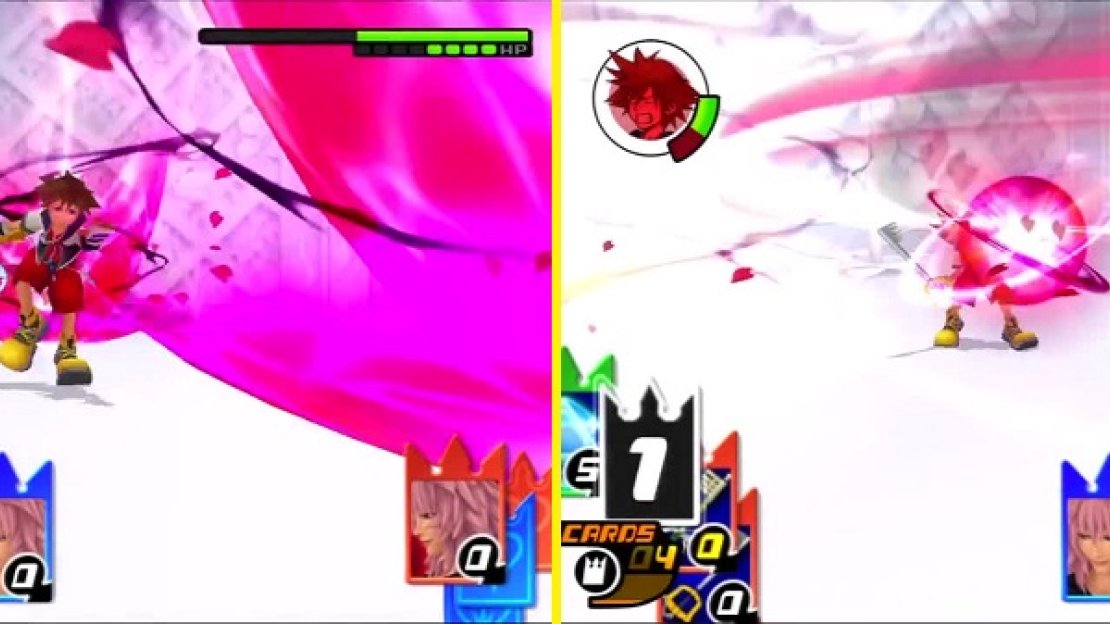 Sora attempts to evade vortices of blossoms (left), but fails to escape Marluxia’s Blossom Shower (right).