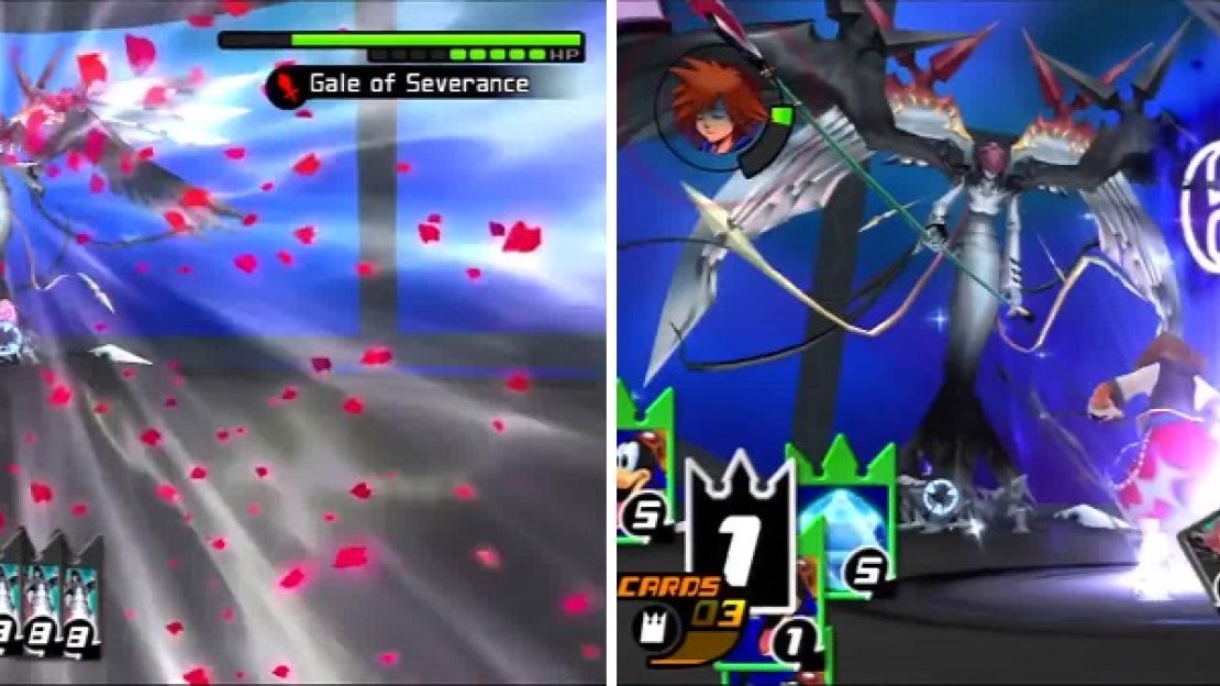 Sora walks against the force of wind from Gale of Severance (left). Marluxia traps Sora using Doom (right) as Sora desperately tries to break all six cards to escape.