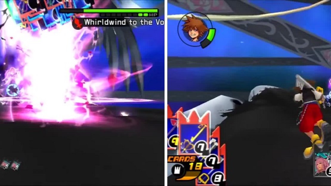 Sora is hit with Whirlwind to the Void and all his cards are scattered (left). Circle Reject barrels down on Sora as he races to attack Marluxia (right).