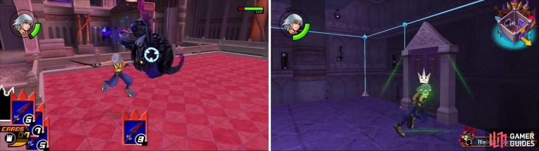 Start off by leveling up and becoming aquainted with Riku&rsquo;s fixed deck (left). Riku heads toward the Room of Beginnings (right).