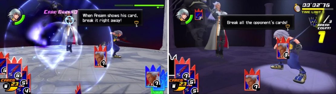 Cardbreak Ansem&rsquo;s cards until you get a Rapid Break (left). Break Ansem&rsquo;s cards to win this duel (right).