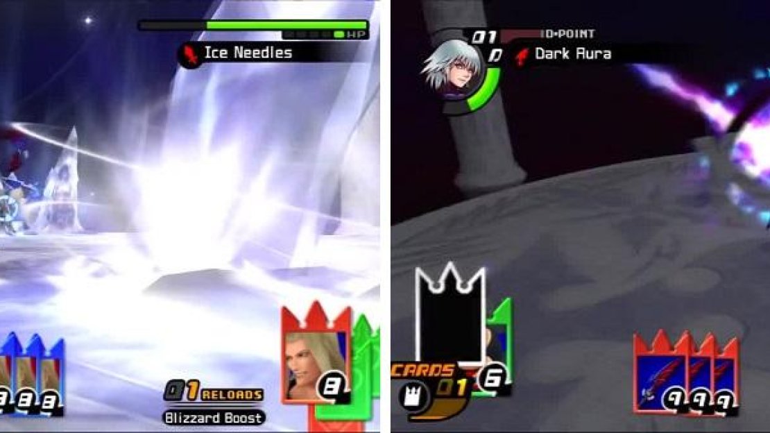 Vexen unleashes Ice Needles (left) after being pummeled with Riku’s Dark Aura (right).