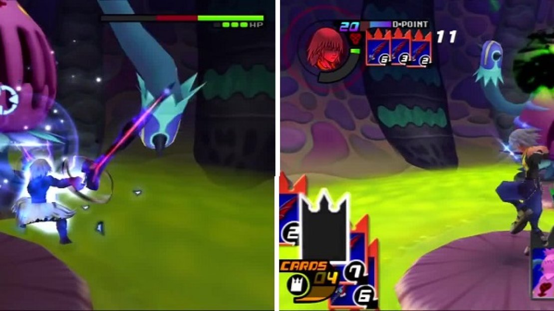 Win a duel and Riku uses Dark Maelstrom to deal a good bit of damage (left). Parasite Cage shoots a poison ball (right).