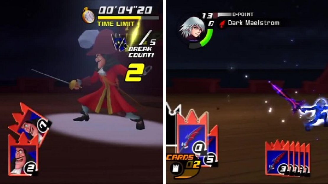 Captain Hook is challenged to a duel (left) and loses, allowing Riku to attack with Dark Maelstrom (right).