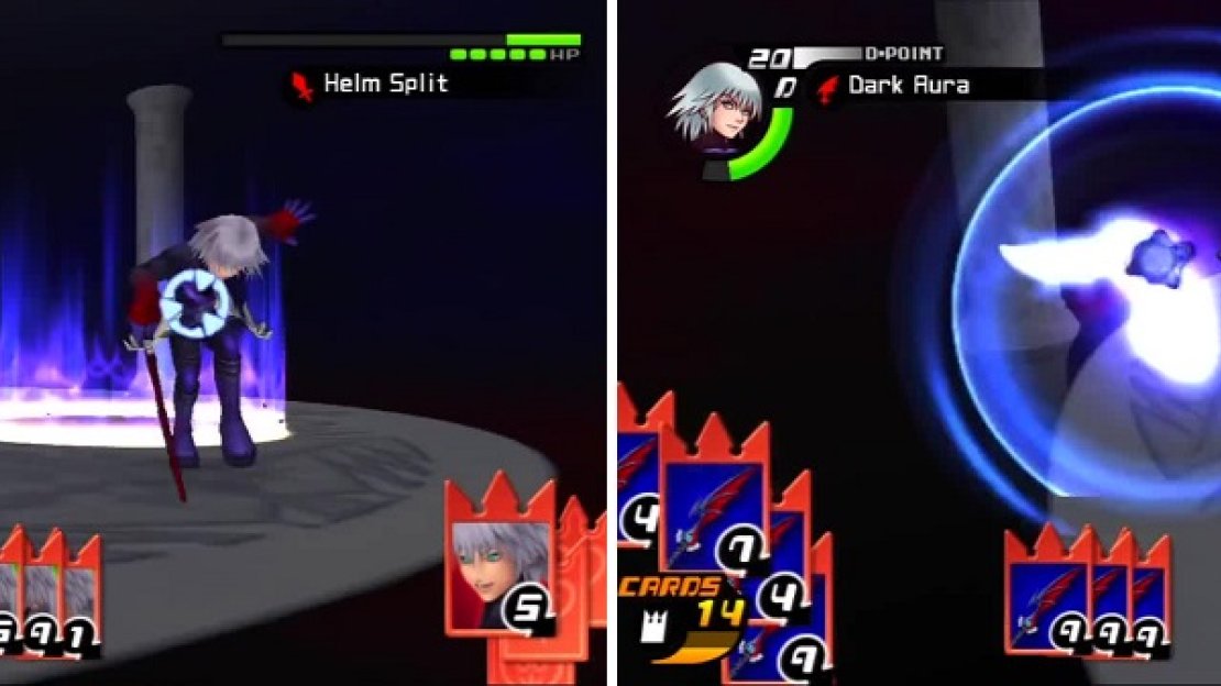 Riku Replica plays Helm Split and Riku tries to dodge away (left). Riku hits back with a powerful Dark Aura attack (right).