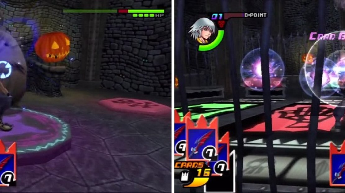 Riku unleashes one attack after another once the gate is down (left). Oogie throws his dice but the attack is easily broken (right).