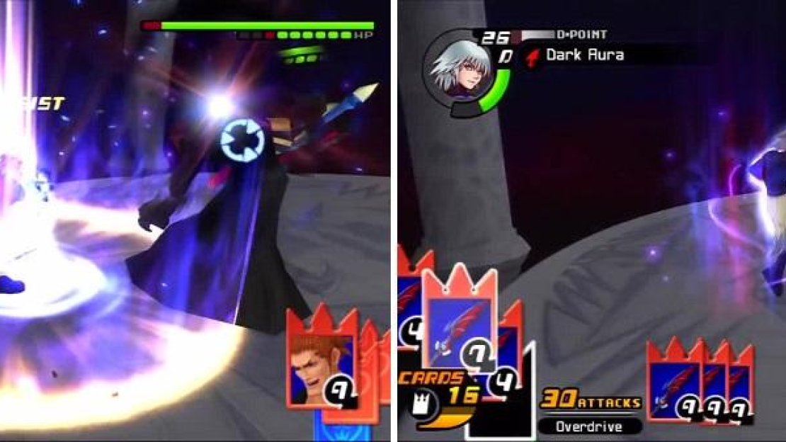 Lexaeus takes damage from Dark Aura (left). Riku is able to break Lexaeus’ Rockshatter with Dark Aura (right).