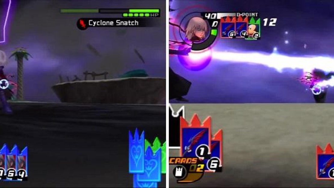 Riku gets caught in Cyclone Snatch and loses some cards (left). Zexion uses his clones to unleash Catastrophe (right).