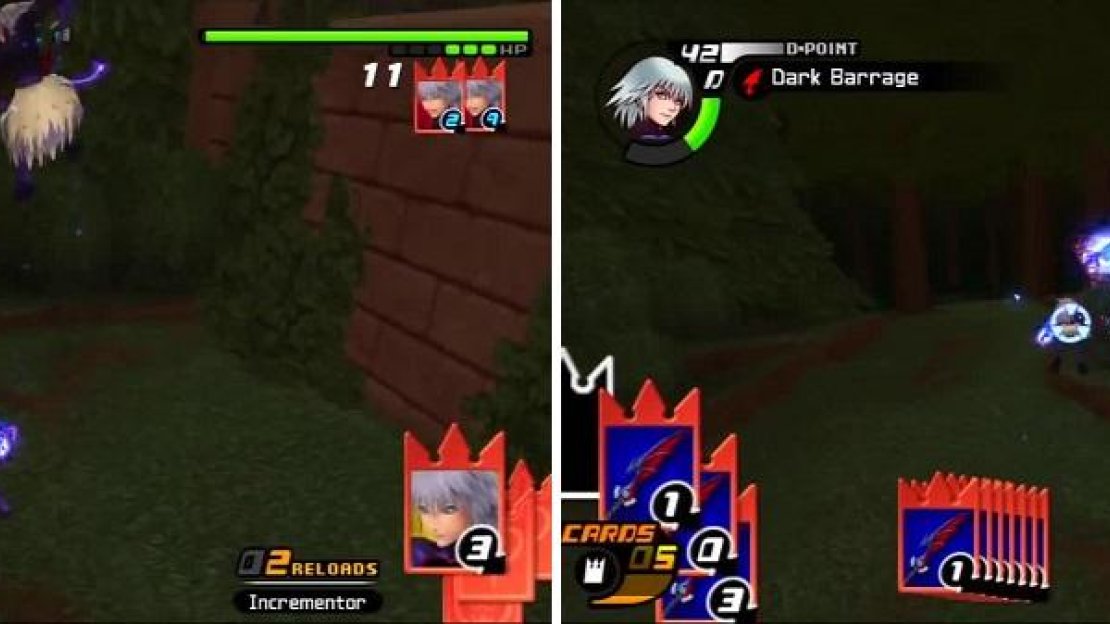 Riku attacks from above using Dark Break (left). Riku Replica loses a duel and pays dearly (right).