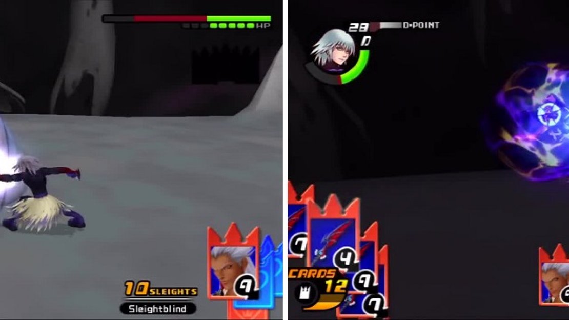 Ansem takes a direct hit from Dark Firaga (left). Ansem uses his Dark Rush attack that can deal a lot of damage (right).