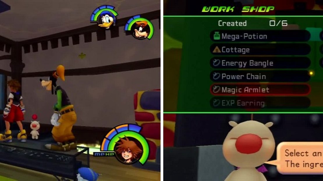 Gain access to the Moogle Shop with the help of Trinity Ladder (left). The Moogles will show you what materials you need to sythesize each item on the list (right).