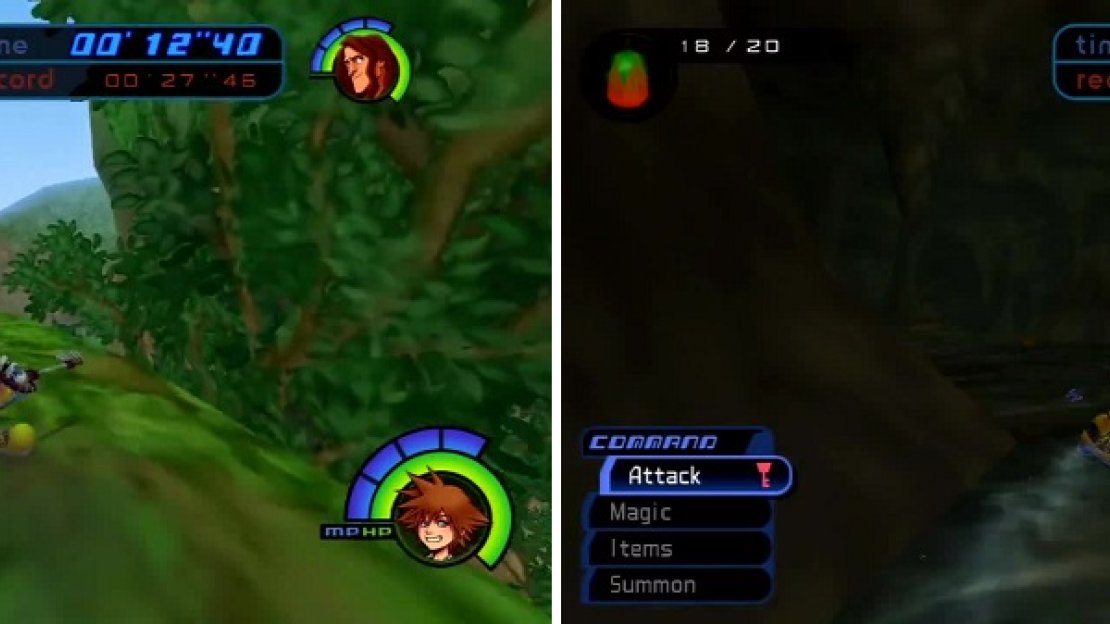 Sora must collect the fruit while sliding through the trees (left) and in caves (right). Take care not to miss one!