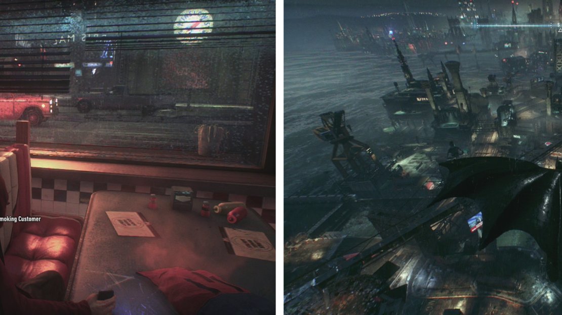 Interact with the smoker in the bar to kick things off (left). When in control of Batman, fly to the Bat Signal (right).
