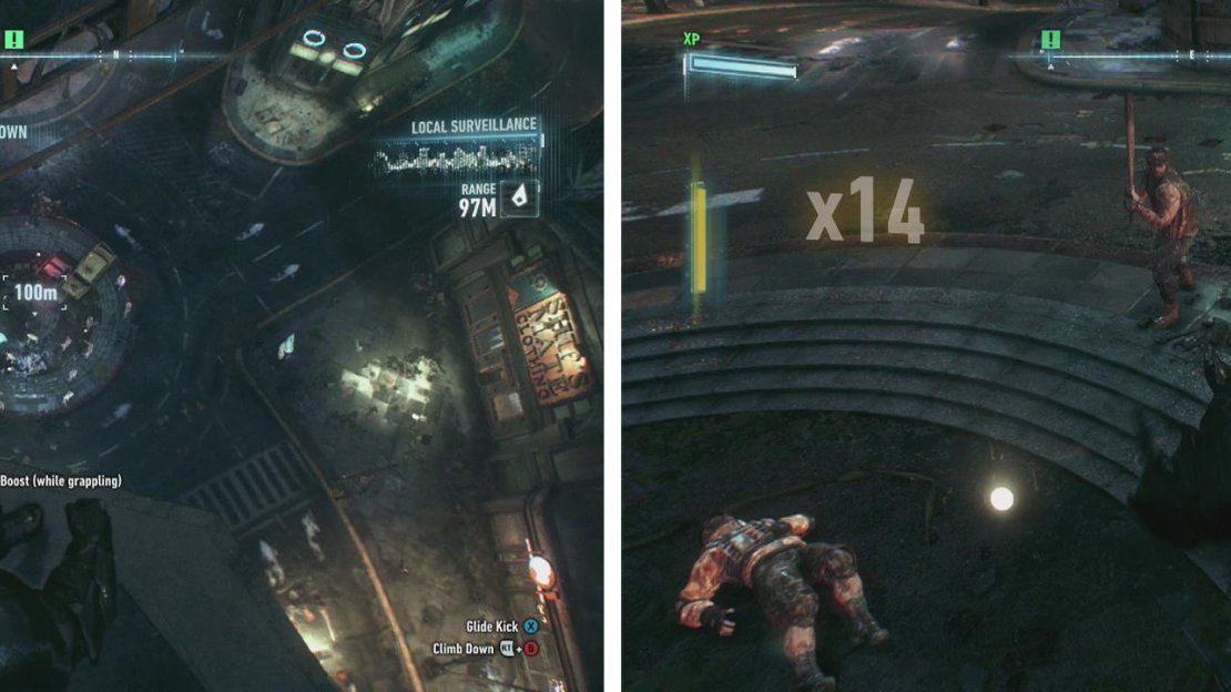 Locate the missing police officer (left). Drop into the area and beat up the Thugs (right).