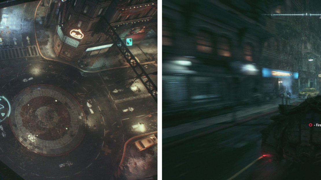 Hit the LB/L1 button to summon the Batmobile (left). Chase down the target and use the Immobiliser (right).