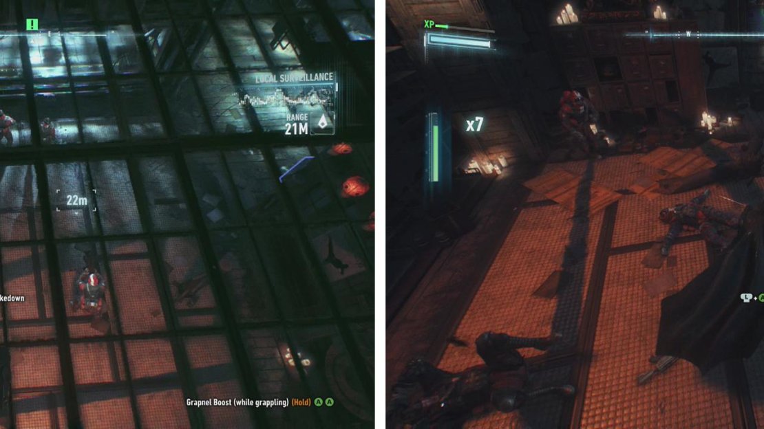 From the skylight use a Takedown on one of the enemies below (left) and then clear out the other Thugs in the room (right).