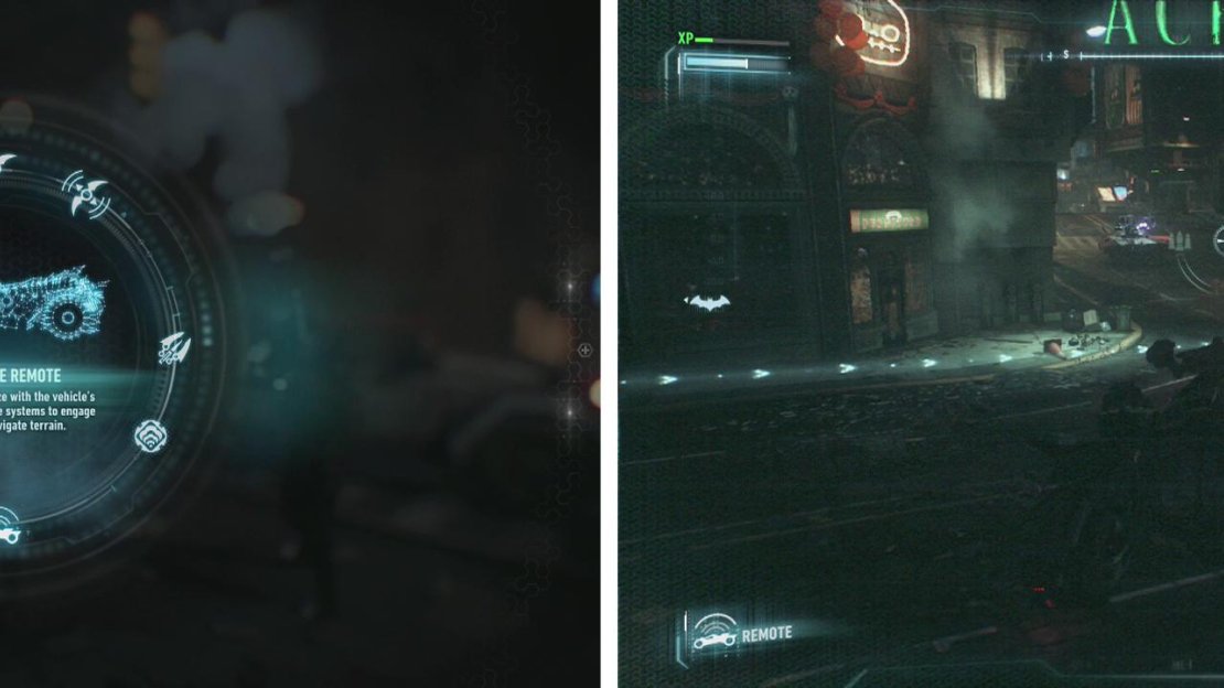 Use the gadget wheel for Remote Batmobile Control (left). When fighting Drone Tanks, avoid the holographic shot markers (right).
