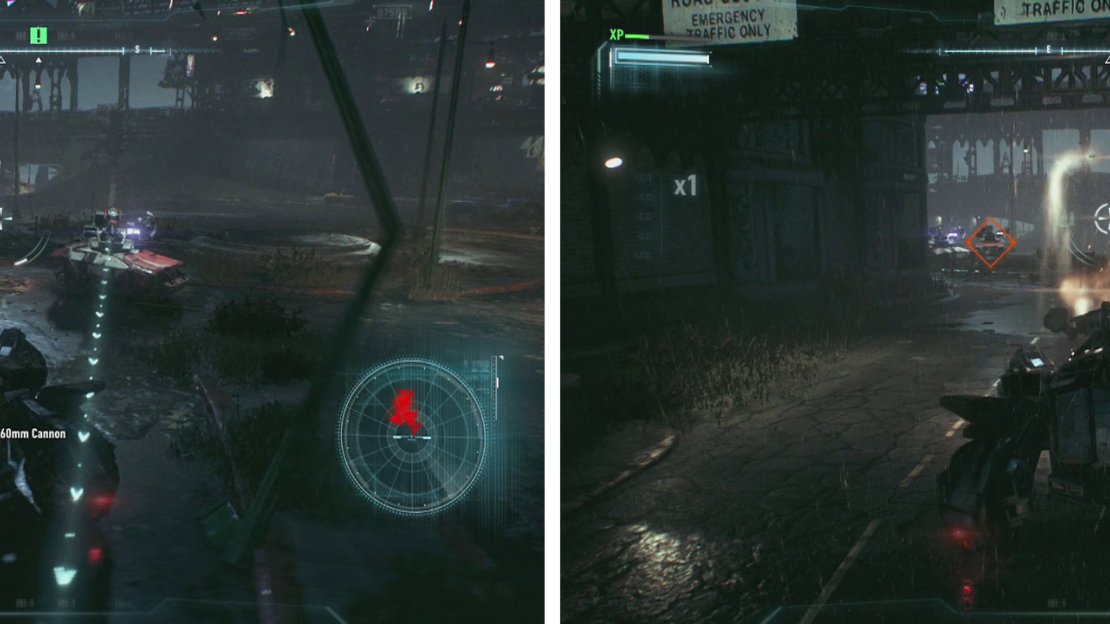 Charge up the Missile Barrage by avoiding incoming fire whilst landing hits (left) and then unleash it to destroy multiple Drone Tanks at once (right).