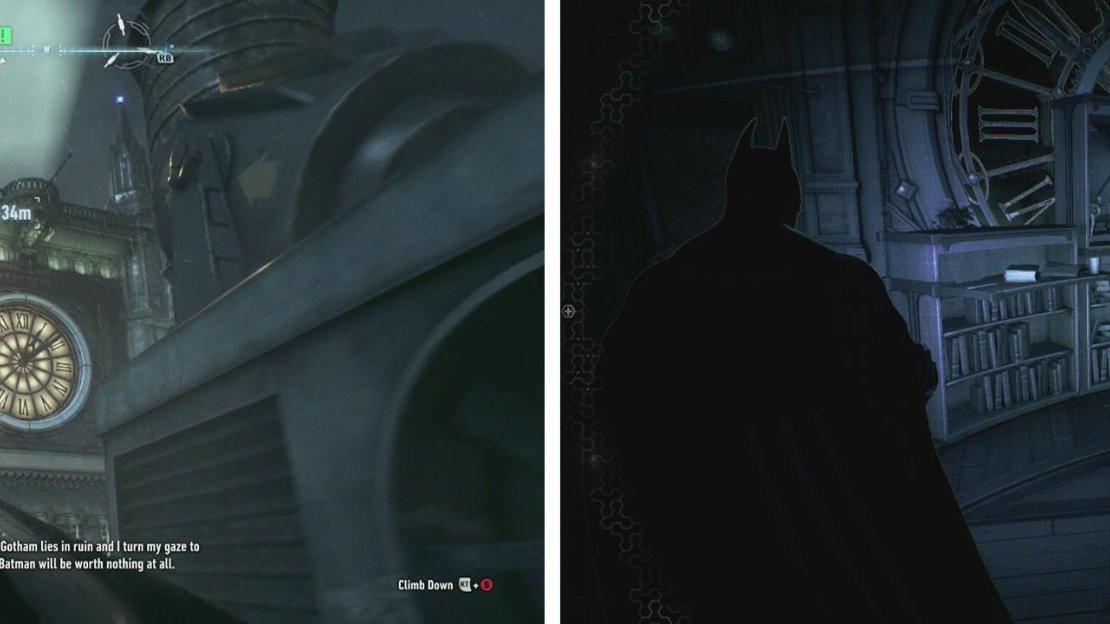 Head to the Clock Tower (left) and look for the secret door on the roof. Use Detective Mode to find the retinal scanner (right).