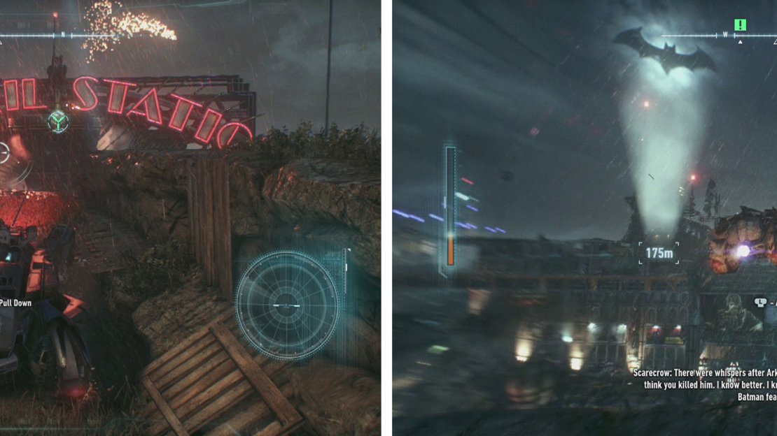 Use the Power Winch to pull down the sign (left). Run up and use Afterburner to jump to the rooftop (right).