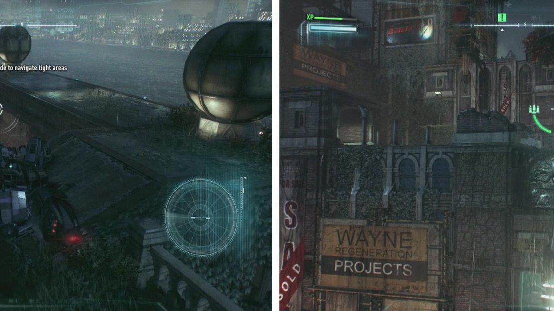 Use Battle Mode to manouver across the rooftop (left). Drive up the wall whiclst attached to the anchor point (right).