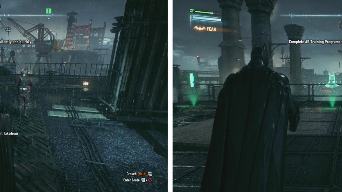 Use silent takedowns to eliminate the guards that exit the room (left). After picking up a new suit, try some training simulations (right).