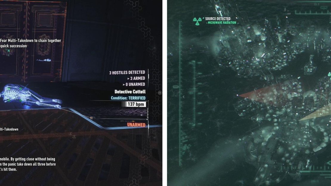 Use the vents to sneak into the room and use a Fear Multi-Takedown (left). Move the recievers so that both aim at the south eastern side of the city (right).