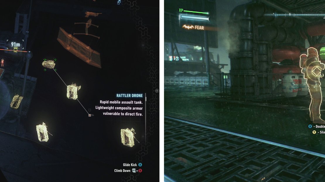We’ll need to eliminate the guards here quietly (left). Use a Fear Multi-Takedown to eliminate the pair of guards (right)