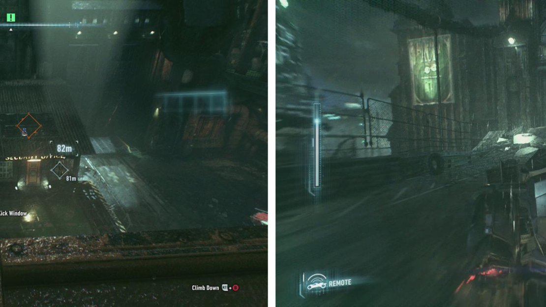 Crash through the window near the gate (left) and use the lever inside. Jump the gap with the Batmobile to enter the compound (right).