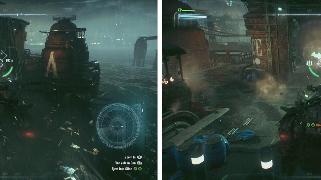 Use Battle Mode to traverse the narrow platform (left). Pull down the weak wall and shoot the enmies within (right).