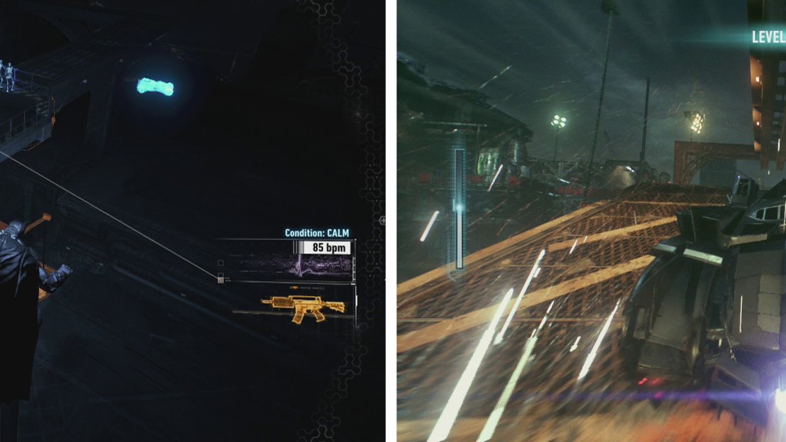 Clear the enemies from the platform (left) to move the ramp. Use the ramp to jump to the next area (right).